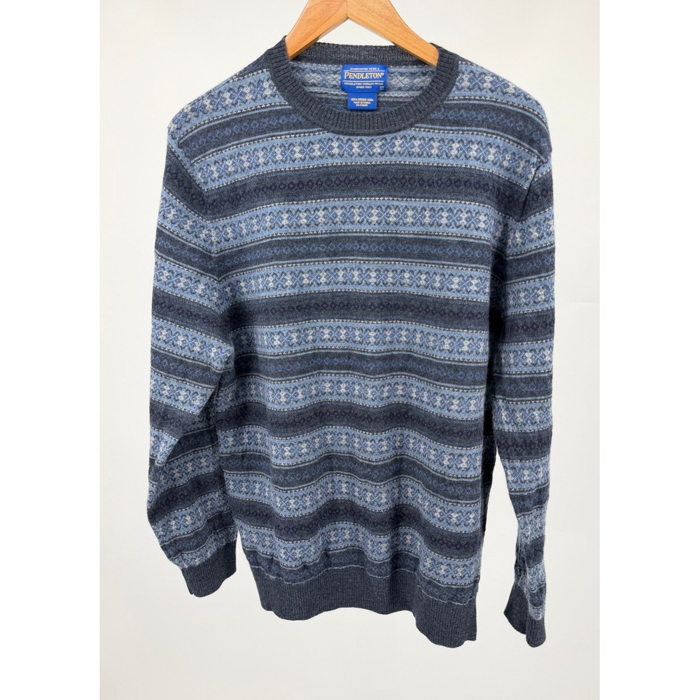 Pendleton Sweater Mens L Blue Gray Fair Isle Merino Wool Crew Neck 70Z913.111